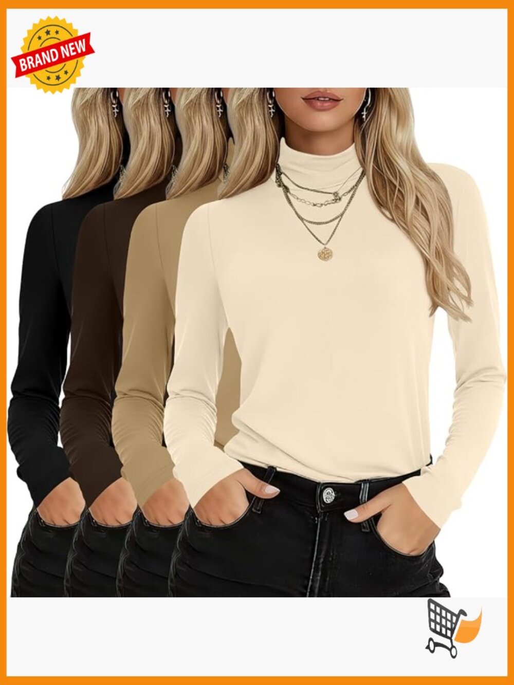 4 Pack Women's Turtleneck Cotton Long Sleeve Tunic Tops Loose Fit
